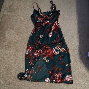 Emerald green cow, neck, floral strap satin dress